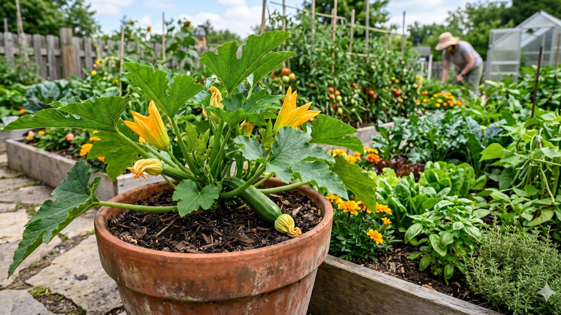 A potted zucchini plant in a raised bed garden