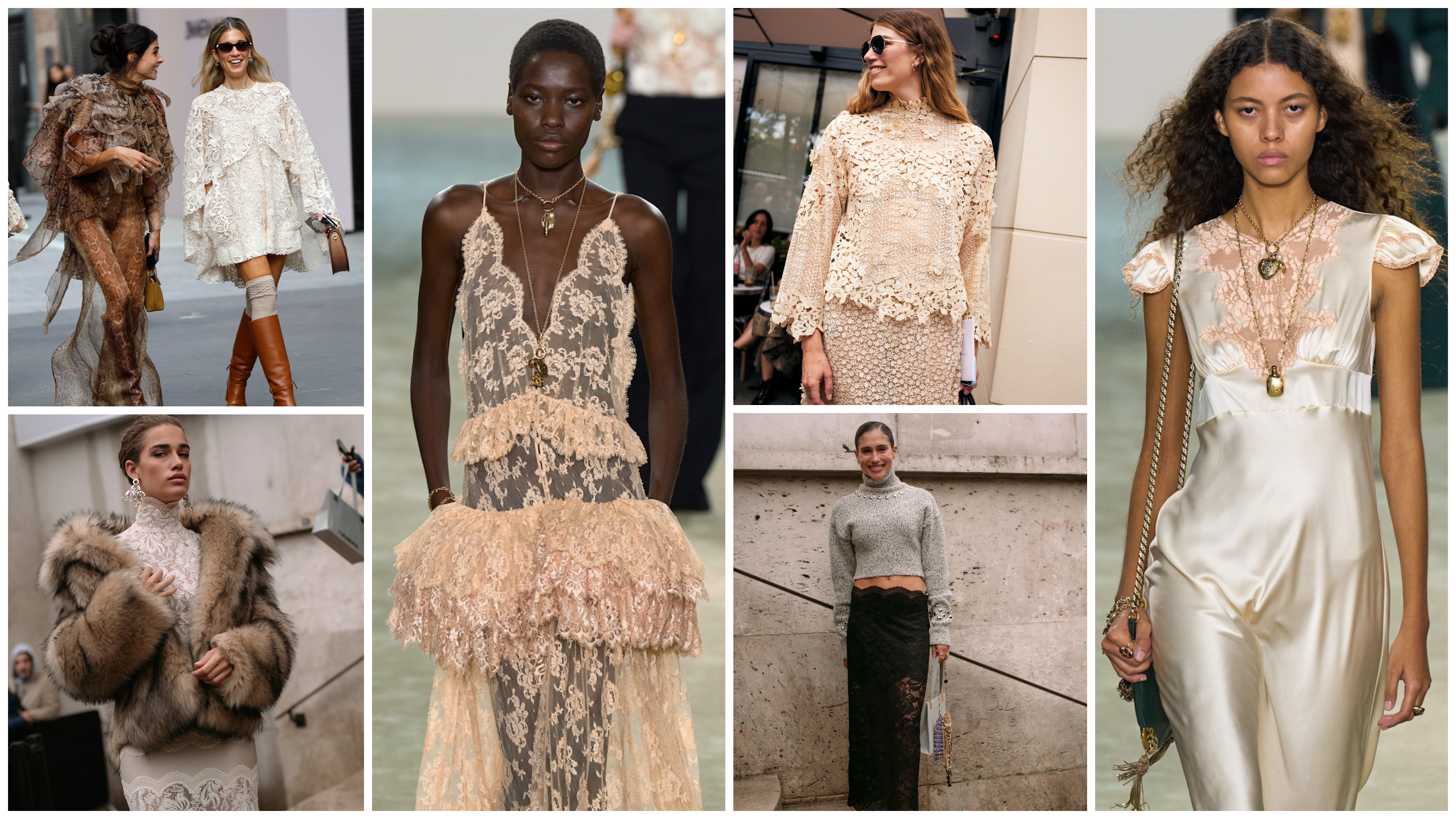 collage of women wearing lace dresses and lace skirts