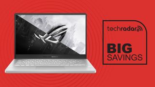 The Asus ROG Zephyrus G14 on a red background next to a 'TechRadar big savings' badge.