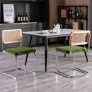 Best contemporary dining chair rattan and metal with green finish at a table