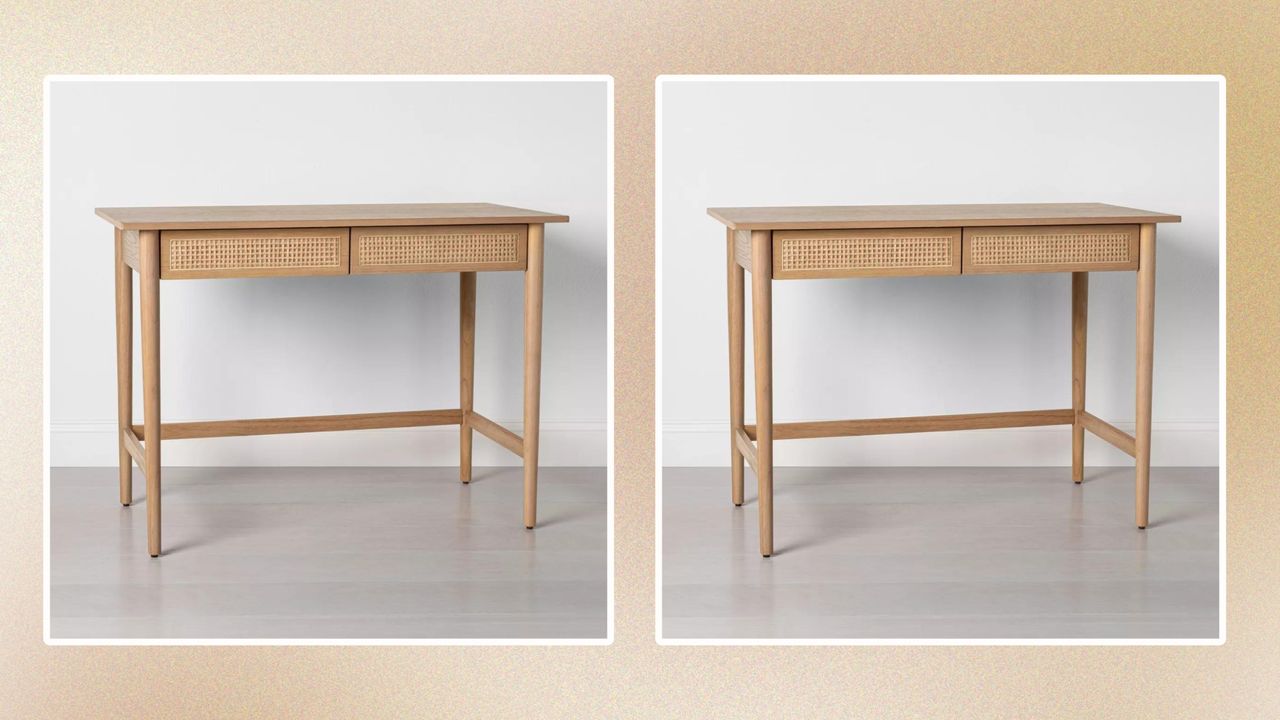 Wooden desk on neutral background