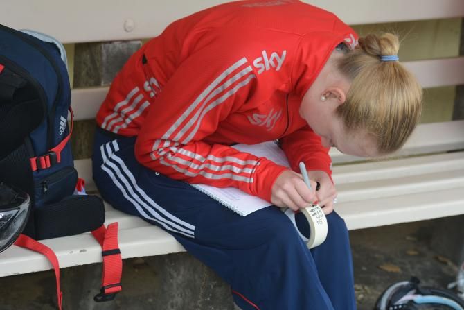 Amy Hill (Great Britain) makes notes for stage 3