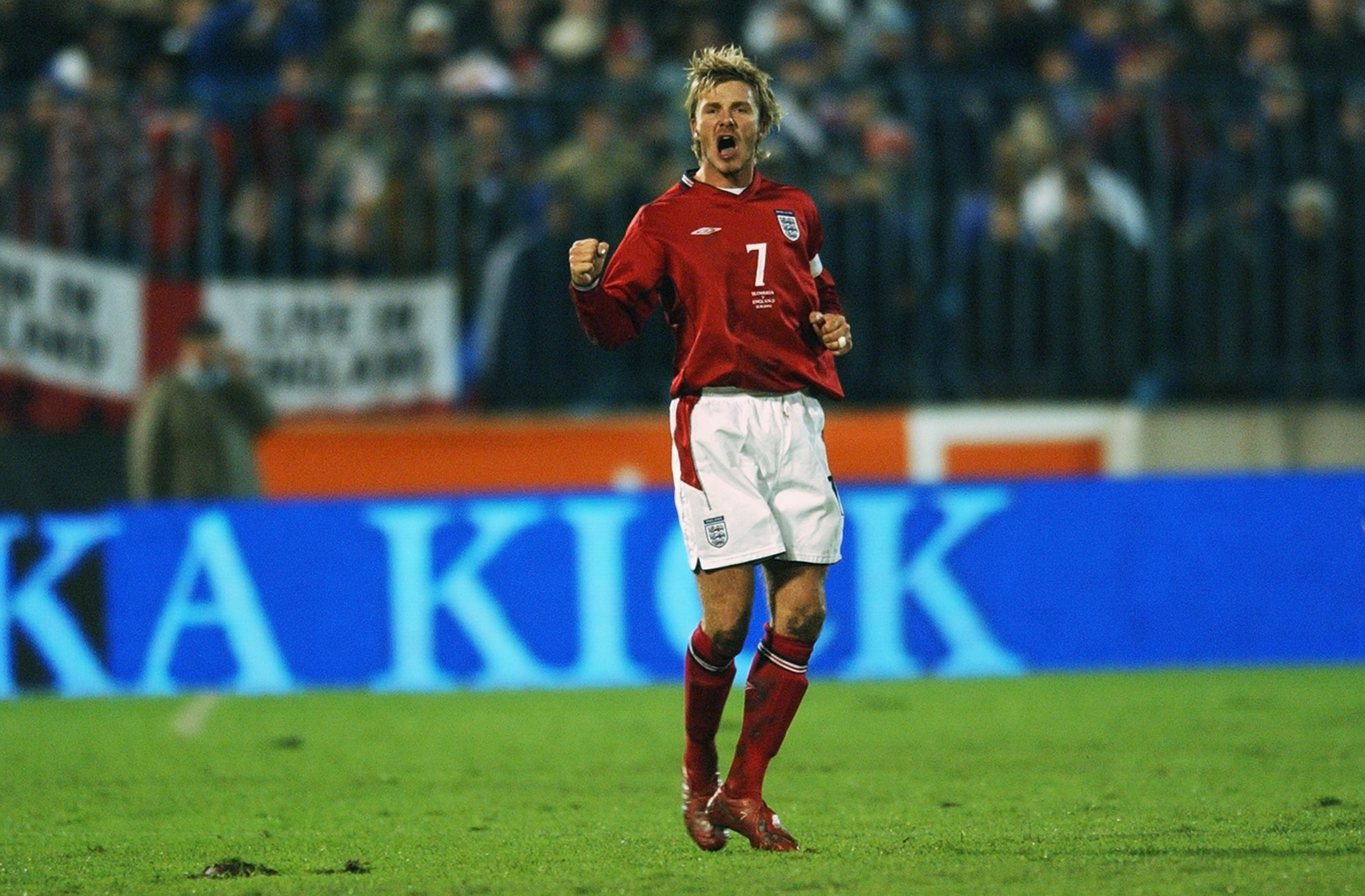 David Beckham celebrates after scoring for England against Slovakia in October 2002.