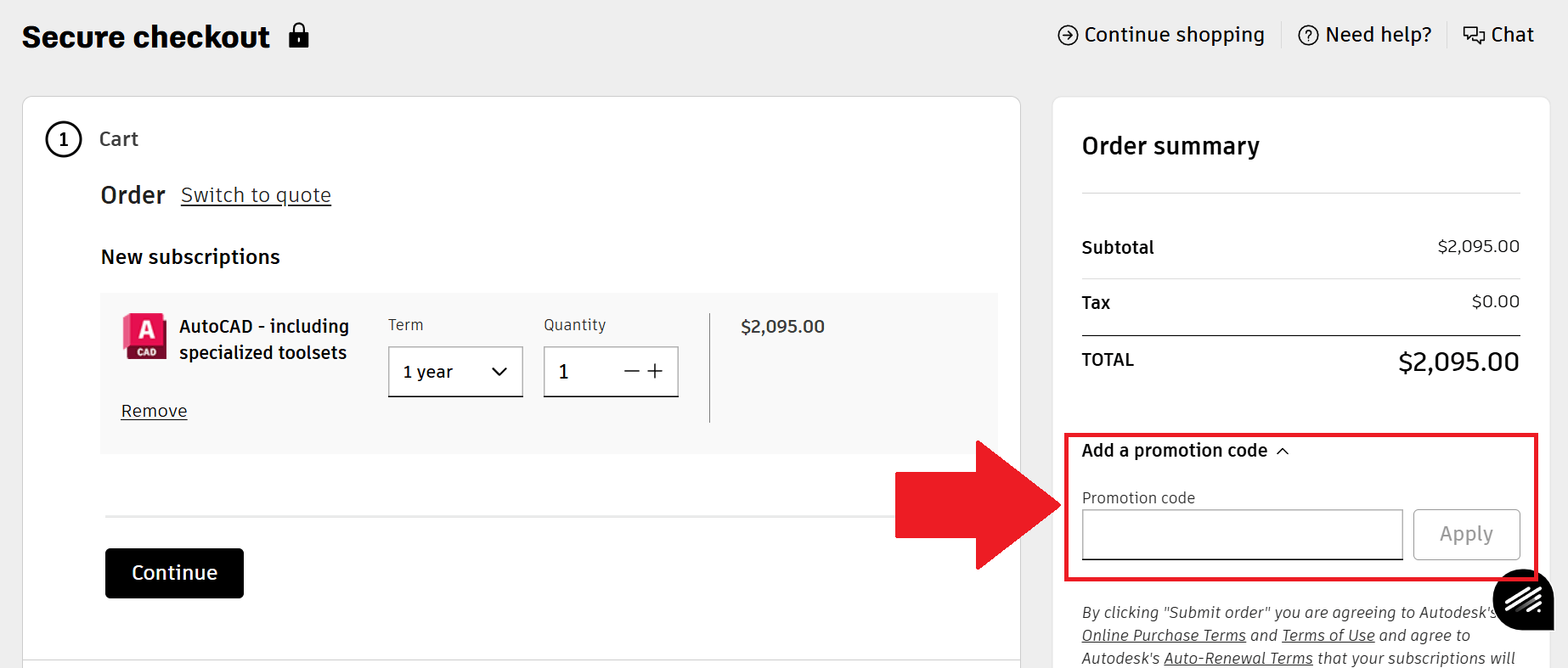 A screenshot of the autodesk checkout page showing where to enter your autodesk promo code