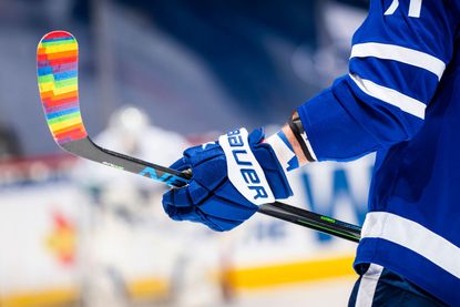 Toronto Maple Leafs forward Nick Foligno warms up with Pride tape