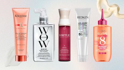 Collection of best hair straightening products (L-R) from Kerastase, Color Wow, Virtue, Redken and L'Oreal, on a pastel watercolour background with cream product swatches
