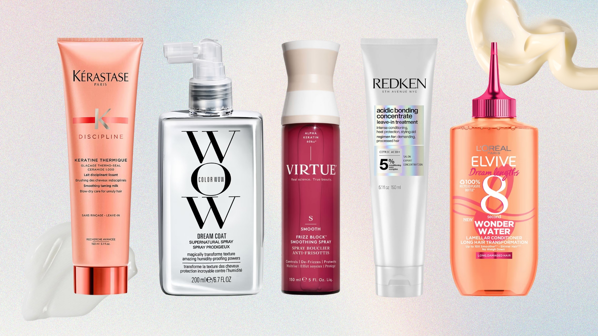 Collection of best hair straightening products (L-R) from Kerastase, Color Wow, Virtue, Redken and L'Oreal, on a pastel watercolour background with cream product swatches