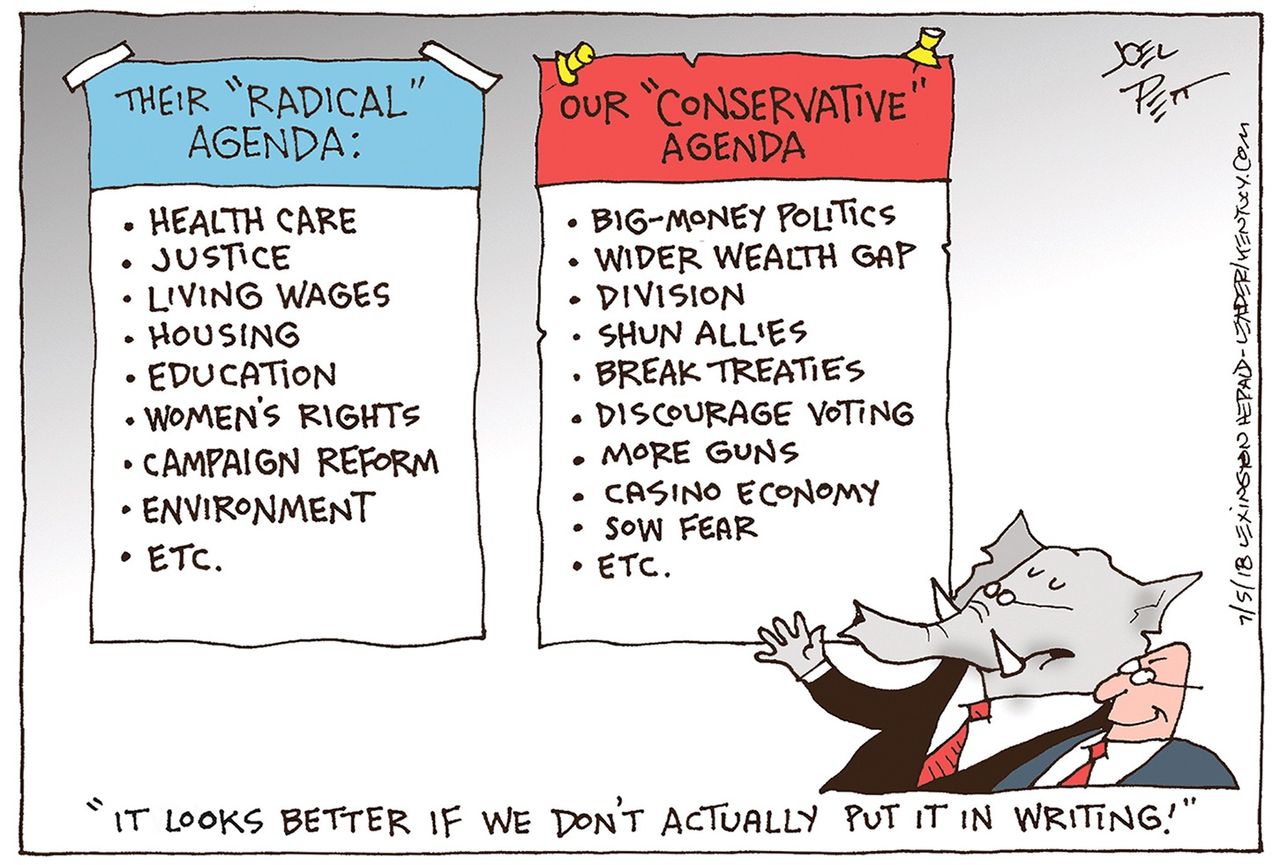 Political cartoon U.S. liberal conservative radical agenda healthcare partisan politics