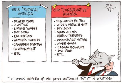 Political cartoon U.S. liberal conservative radical agenda healthcare partisan politics