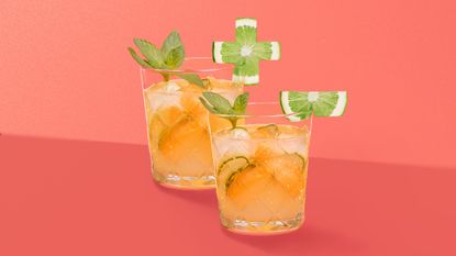 Two cocktail tumblers with plus and minus-shaped garnish