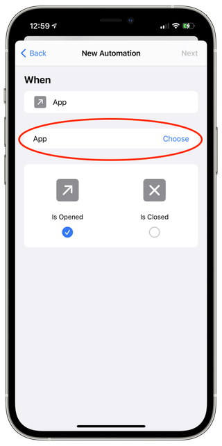Screenshot showing to tap on Choose Menu in App area.