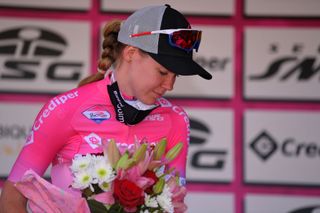 SANMARCOLACATOLA ITALY SEPTEMBER 18 Podium Anna Van Der Breggen of The Netherlands and Boels Dolmans Cycling Team Pink Leader Jersey Celebration Flowers during the 31st Giro dItalia Internazionale Femminile 2020 Stage 8 a 915km stage from Castelnuovo della Daunia to San Marco la Catola 640m GiroRosaIccrea GiroRosa on September 18 2020 in San Marco la Catola Italy Photo by Luc ClaessenGetty Images