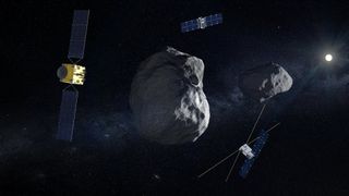 An artist's depiction of the main Hera spacecraft, its two cubesats Juventas and Milani, and the binary asteroid Didymos that it will visit.