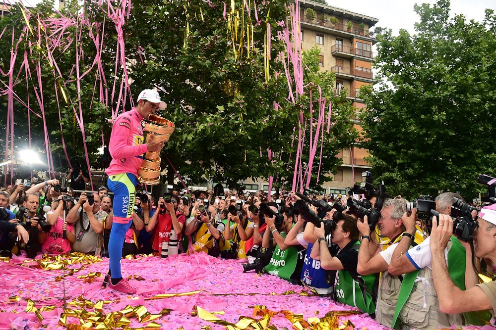Alberto Contador on the final podium of the 2015 Giro d'Italia.
