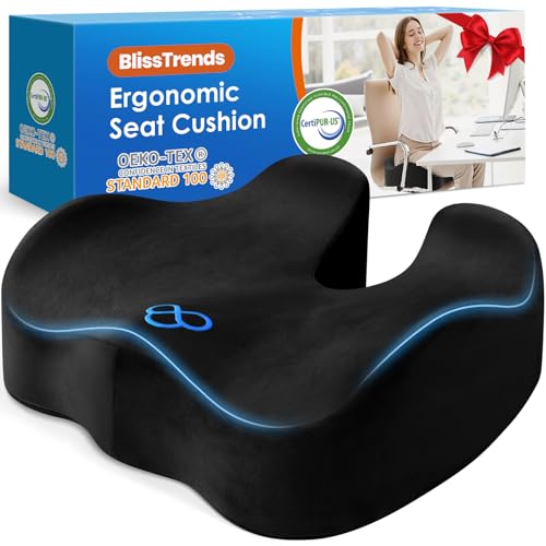 Blisstrends Seat Cushion,thick Memory Foam Cushions for Office Chair, Car Seat, Airplane, Relieving Pressure Tailbone Sciatica Back Pain for Long Sitting Office Workers, Car Drivers 4.7in Thick Black