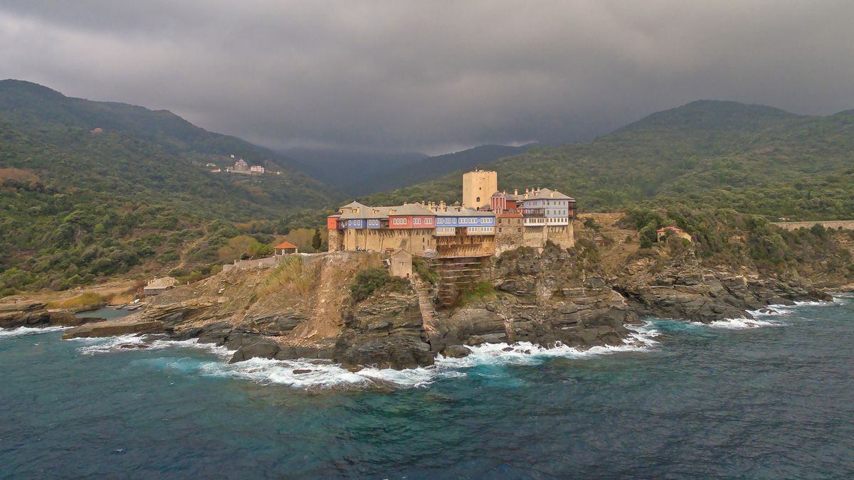 Aerial view of the Pantokratoros Monastery on Nov. 07, 2017, in Mount Athos, Greece.