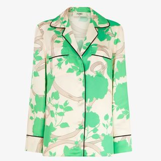 fendi satin shirt with green floral pattern flat lay