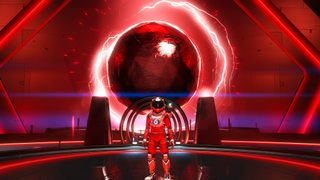 A screenshot of No Man's Sky showing an astronaut in front of a giant, red-black orb