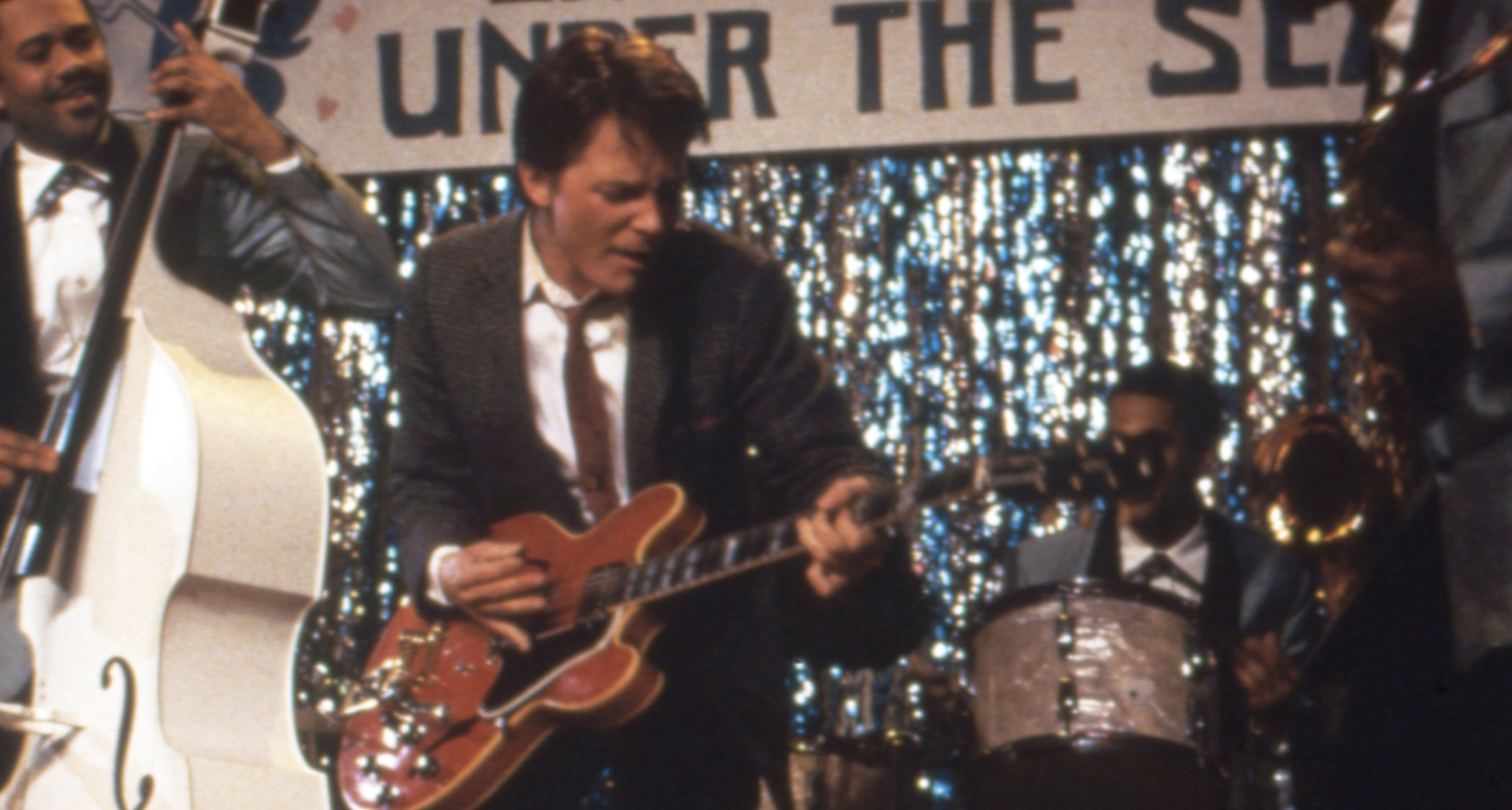 Michael J Fox as Marty McFly rips a solo in the iconic scene from Back To The Future, when he joins the band for a cover of Chuck Berry&#039;s Johnny B. Goode.