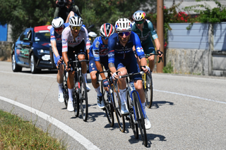 BAIONA, SPAIN - AUGUST 27: (L-R) William Junior Lecerf of Belgium and Team T-Rex Quick Step and Quentin Pacher of France and Team Groupama-FDJ compete in the breakaway during the La Vuelta - 79th Tour of Spain 2024, Stage 10 a 160km stage from Ponteareas to Baiona / #UCIWT / on August 27, 2024 in Baiona, Spain. (Photo by Tim de Waele/Getty Images)