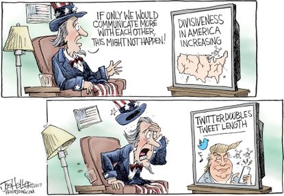 Political cartoon U.S. Trump tweets Twitter technology unity