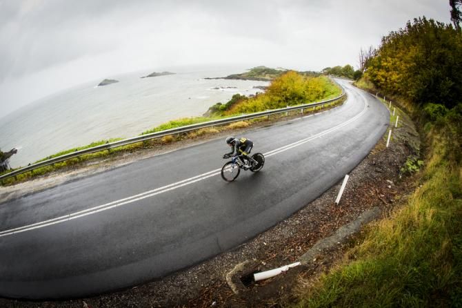 The wet roads that faced riders on the time trial course