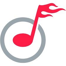 A red, musical note, contained within a grey circle