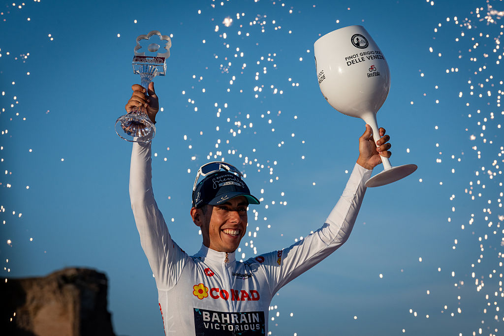 ROME, ITALY - 2026/05/31: Afonso Eulalio of Portugal and Team Bahrain - Victorious celebrates at podium as White Best Young Rider Jersey winner during the 109th Giro d'Italia 2026 Stage 21, a 131km stage from Rome to Rome s' 1289m. (Photo by Stefano Costantino/SOPA Images/LightRocket via Getty Images)