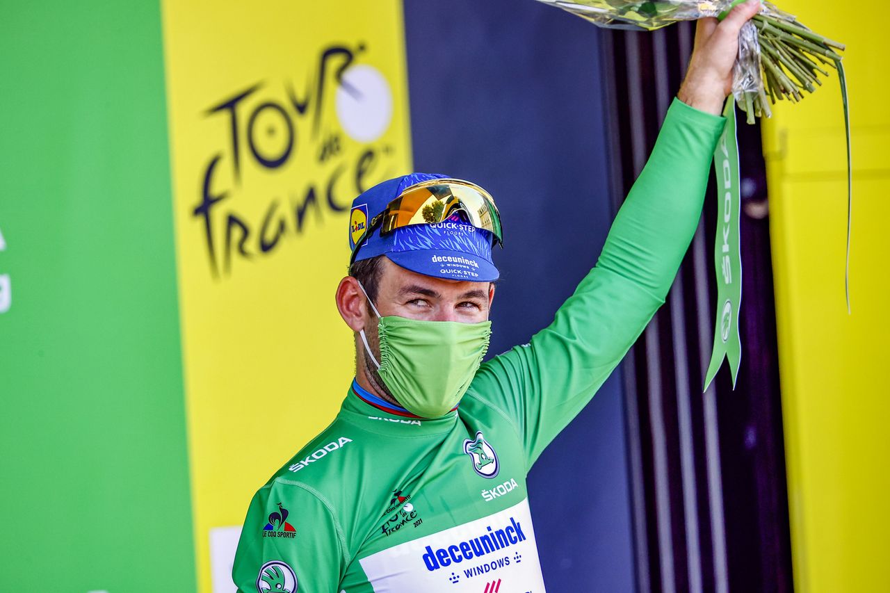 Mark Cavendish on the podium of the 2021 Tour de France after stage 13
