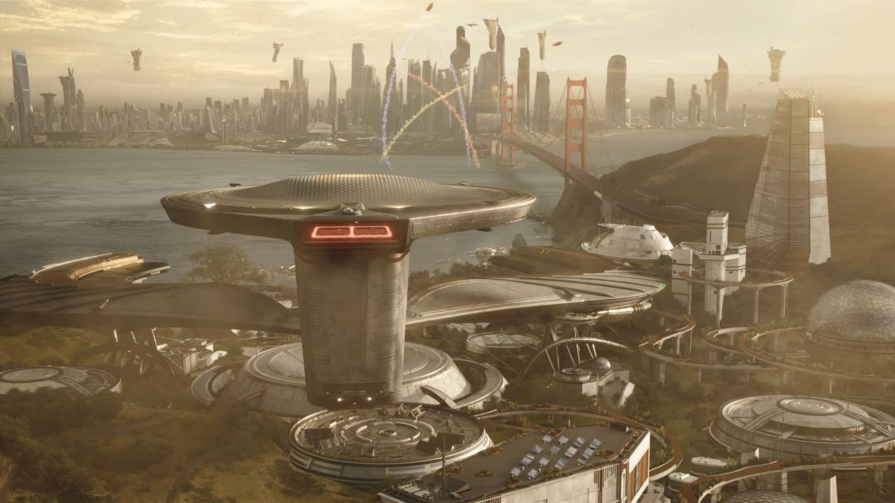 An overview of a futuristic San Francisco as seen in the Star Trek: Starfleet Academy TV series.