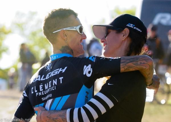 Nicole Duke congratulates her Raleigh-Clement teammate Ben Berden on a well fought race