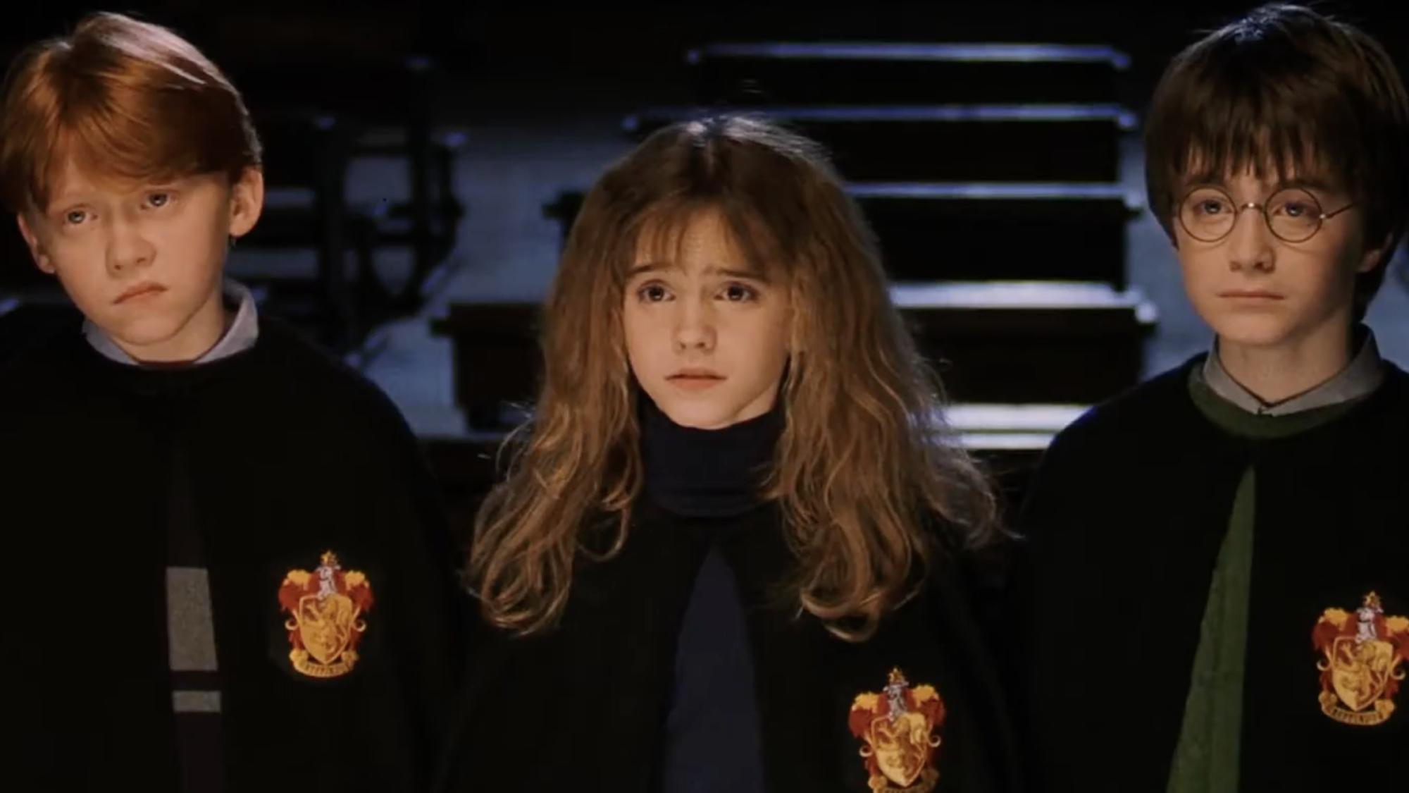 Ron, Hermione, and Harry being interrogated by Professor McGonagall in Harry Potter and the Sorcerer's Stone.