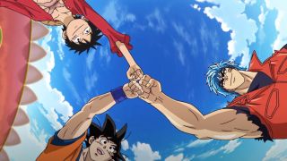 Luffy, Goku, and Toriko bump knuckles