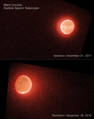 A side by side of a very glowy-looking and grainy Mars with different thicknesses of reddish gradient around it.