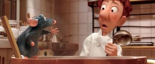 Remy (voiced by Patton Oswalt) helps Alfredo Linguini (voiced by Lou Romano) cook in Ratatouille