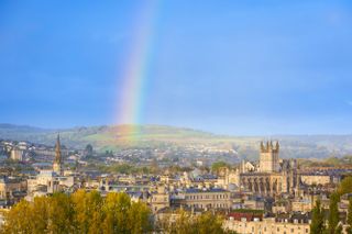 End of a rainbow in the sky over Bath in England, UK