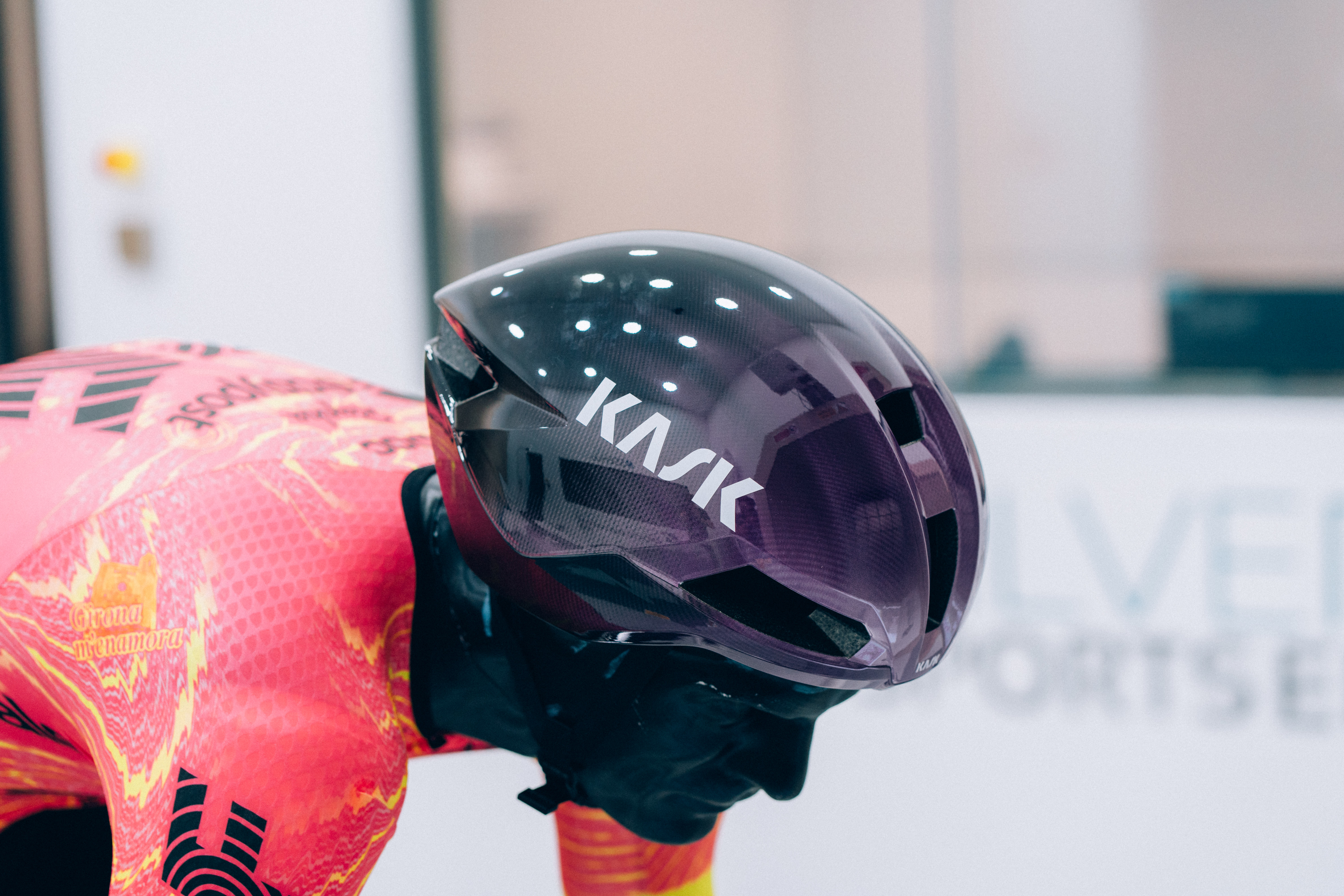 A close up of helmets being tested in the wind tunnel