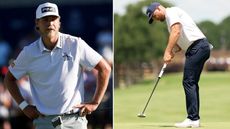 Kristoffer Reitan watches his putt, with Wyndham Clark striking a putt with a putter