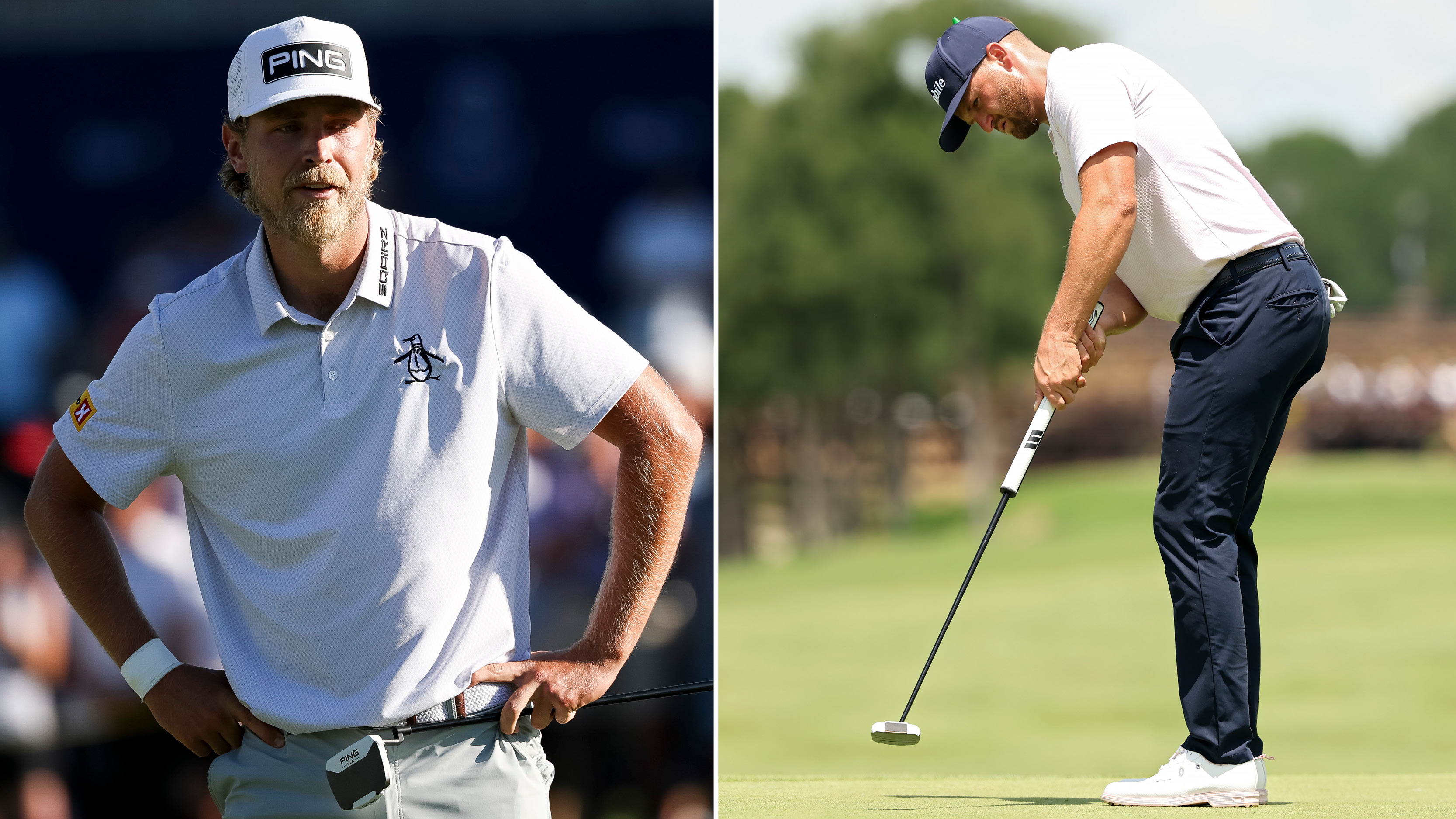 Kristoffer Reitan watches his putt, with Wyndham Clark striking a putt with a putter