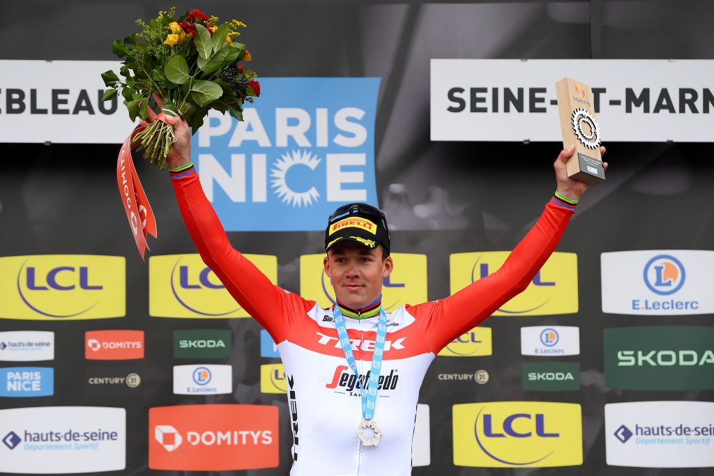 FONTAINEBLEAU FRANCE MARCH 06 Mads Pedersen of Denmark and Team TrekSegafredo celebrates at podium as stage winner during the 81st Paris Nice 2023 Stage 2 a 1637km stage from Bazainville to Fontainebleau ParisNice on March 06 2023 in Fontainebleau France Photo by Alex BroadwayGetty Images