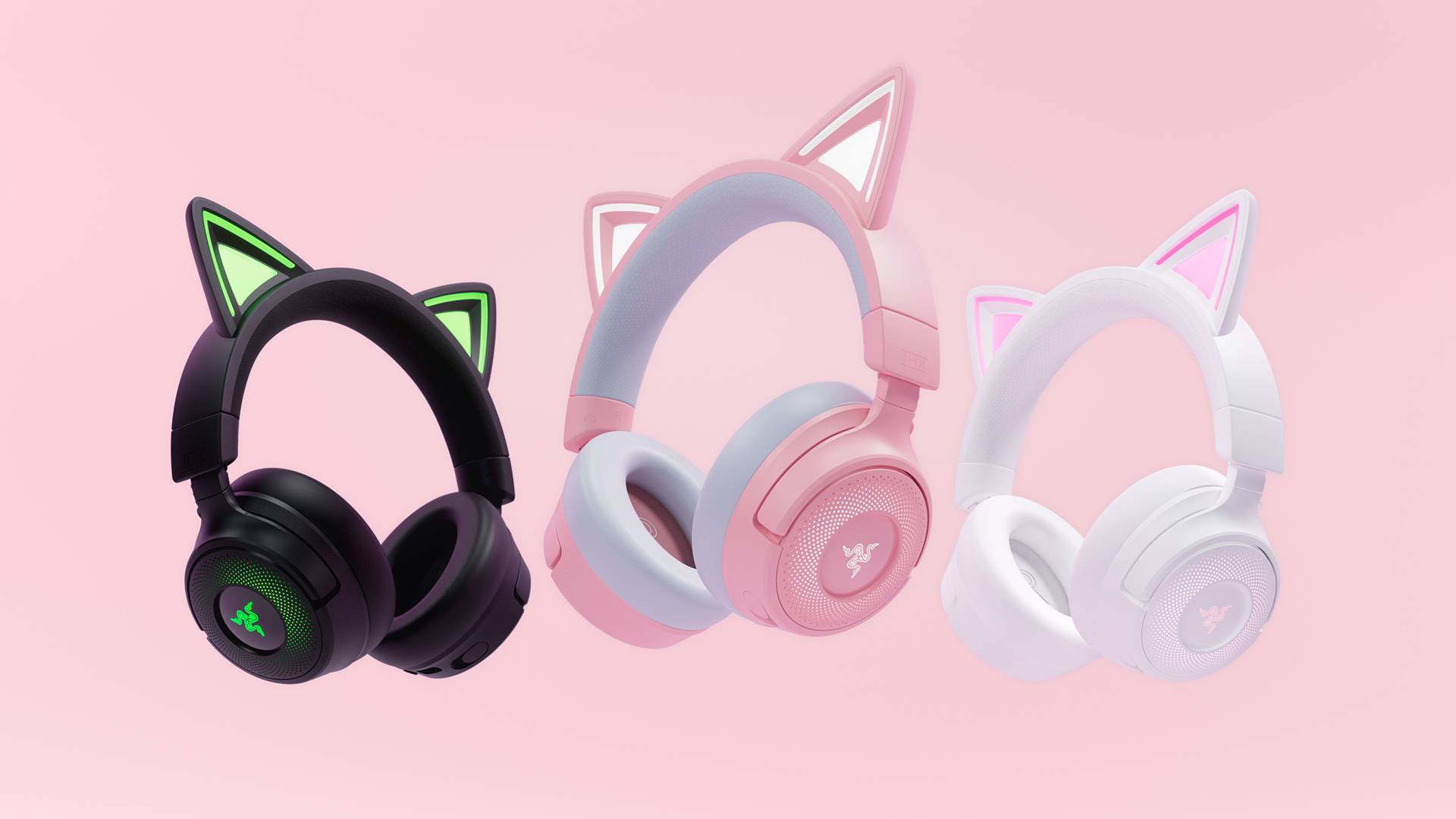 Official promo image of the new Razer Kraken Kitty V2 Pro headset line, with a light pink background.