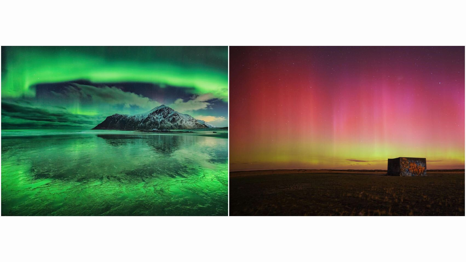 Two photos of Aurorae, one with green hues and the second in pink.