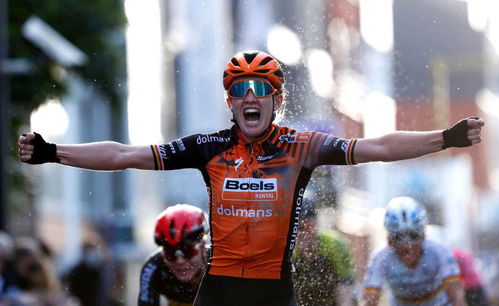 WEVELGEM BELGIUM OCTOBER 11 Arrival Jolien Dhoore of Belgium and Boels Dolmans Cycling Team Lotte Kopecky of Belgium and Team Lotto Soudal Ladies Lisa Brennauer of Germany and Ceratizit WNT Pro Cycling Team during the 9th GentWevelgem In Flanders Fields 2020 Women Elite a 1414km race from Ieper to Wevelgem GentWevelgem FlandersClassic on October 11 2020 in Wevelgem Belgium Photo by Bas CzerwinskiGetty Images