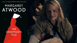 The Handmaid's Tale book and Season 6 picture with Elisabeth Moss holding a baby