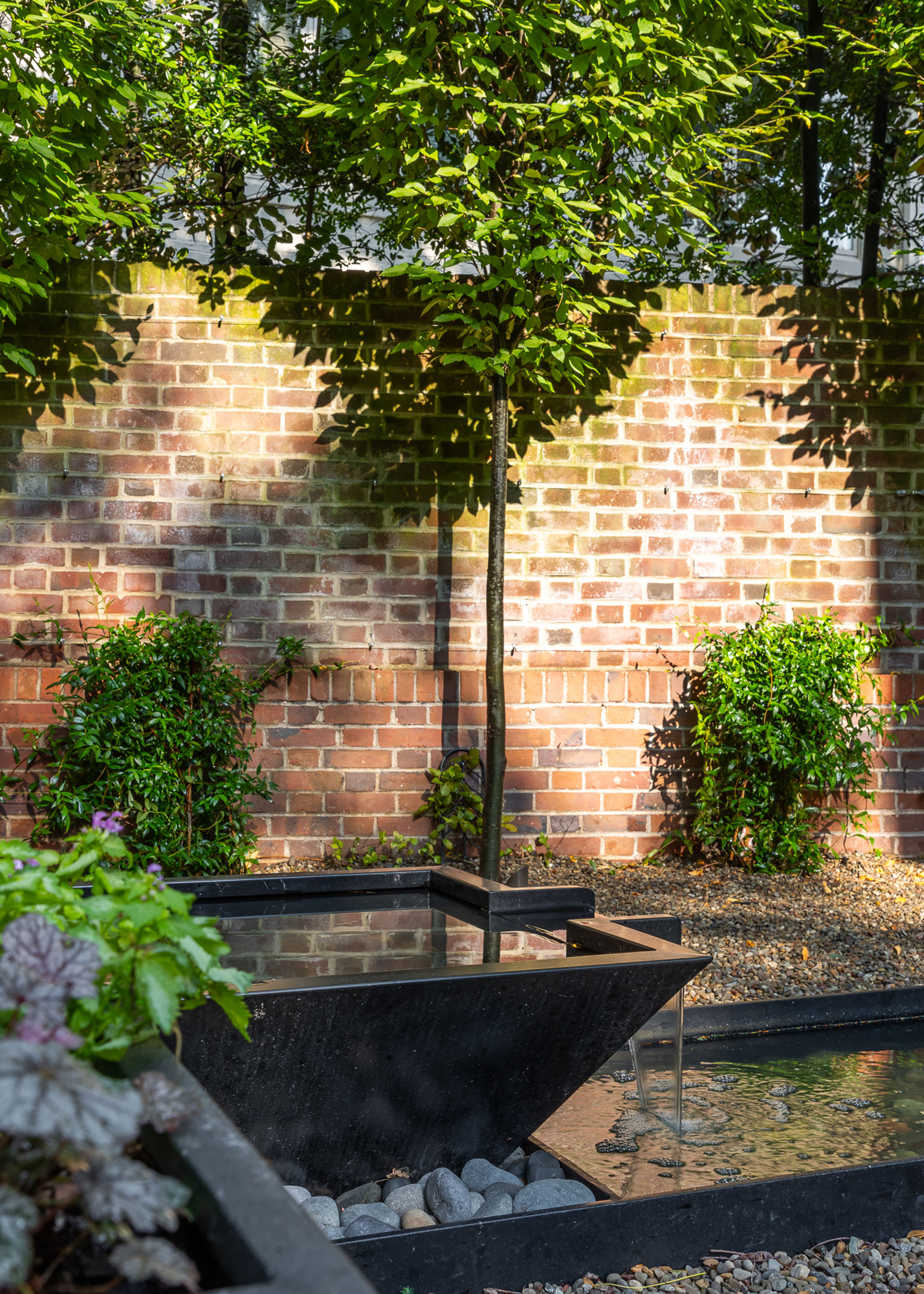water feature in courtyard garden with pleached trees and pebble landscaping detail