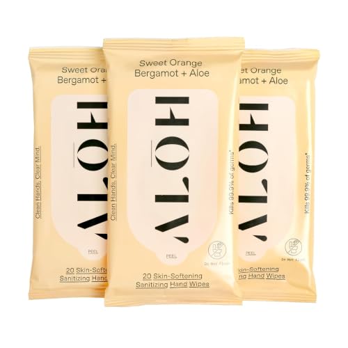 AlŌh Sweet Orange Bergamot + Aloe Hand Sanitizer Wipes, Travel Size | Alcohol Free, Moisturizing With Aloe Vera, Naturally Scented With Essential Oils | Kids and Adults | 3 Pack 20ct (60 Wipes)