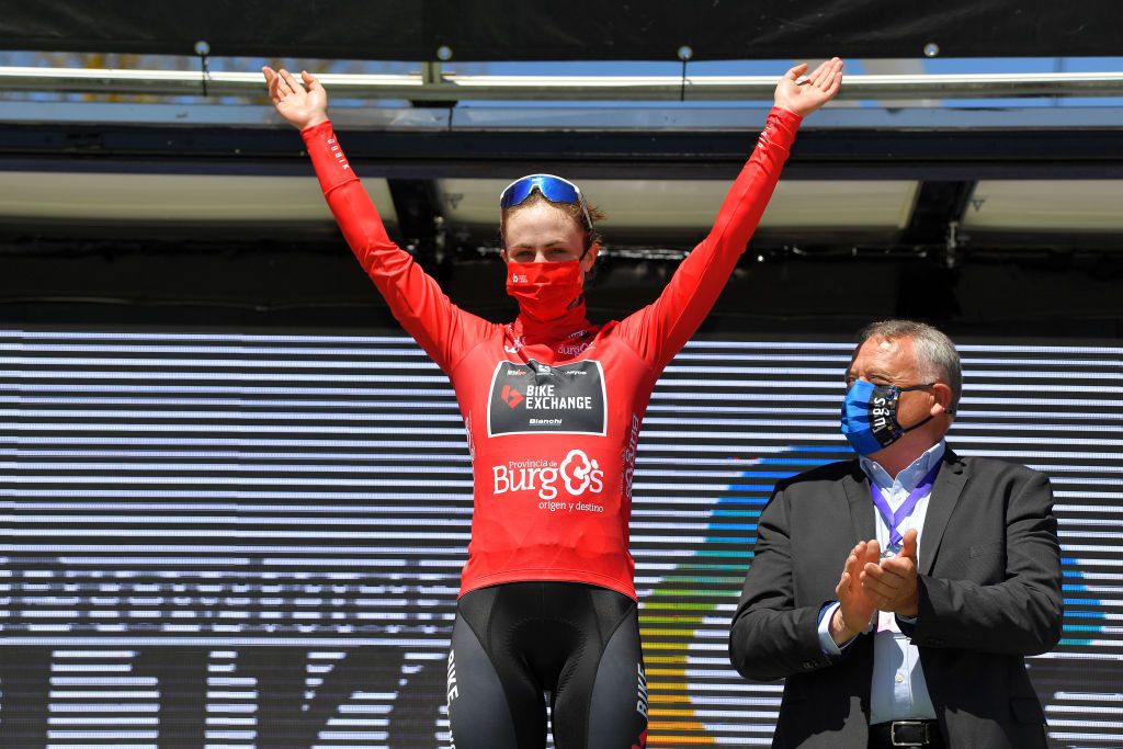 SARGENTES DE LA LORA SPAIN MAY 20 Grace Brown of Australia and Team BikeExchange Red Mountain Jersey celebrates at podium during the 6th Vuelta a Burgos Feminas 2021 Stage 1 a 100km stage from Villadiego to Sargentes de la Lora 1013m VueltaBurgos BurgosFem UCIWWT on May 20 2021 in Sargentes de la Lora Spain Photo by Luc ClaessenGetty Images