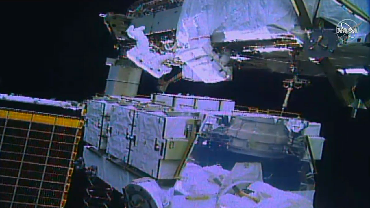 NASA astronauts Jessica Meir (in foreground, in spacesuit with red stripes) and Christina Koch (in background, in spacesuit with no stripes) perform the the second all-female spacewalk in history, upgrading batteries outside of the International Space Station on Wednesday (Jan. 15, 2020).