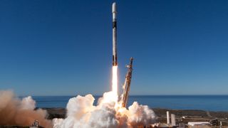 A SpaceX Falcon 9 rocket launches the 131-satellite Transporter 12 rideshare mission from California’s Vandenberg Space Force Base on Jan. 14, 2025.