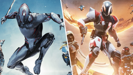 A split image showing a frame from Warframe in an action pose on the left, and a guardian from Destiny 2 on the right.